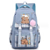A light blue canvas backpack featuring a cute capybara print and plaid accents.