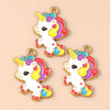 Two gold-plated unicorn horse charm pendants featuring rainbow colored hair and white bodies.
