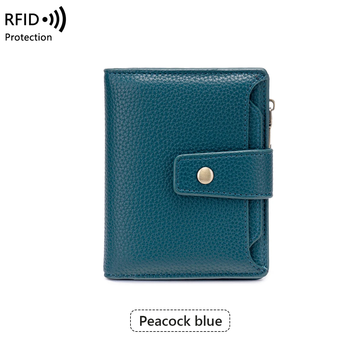 A teal blue RFID blocking bi-fold card holder wallet.