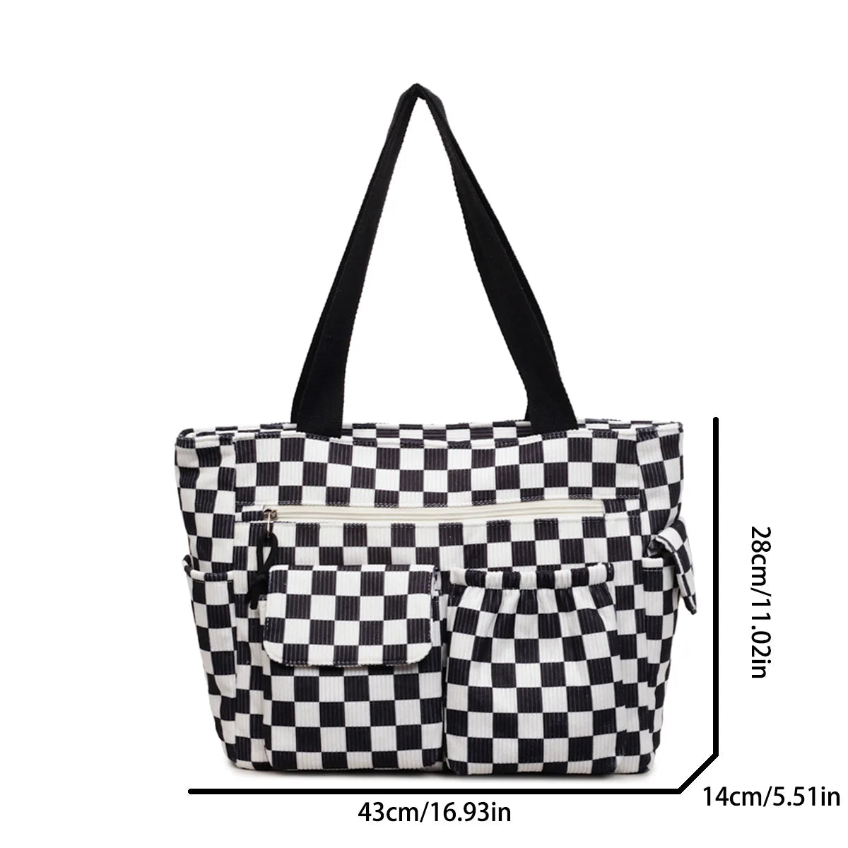 A black and white checkered stripe pattern corduroy tote bag with black handles.