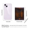 A brown leather wallet is shown next to a white smartphone, illustrating its dimensions.