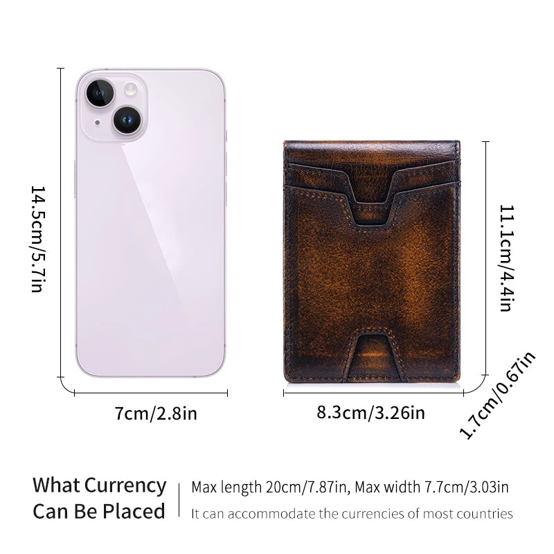 A brown leather wallet is shown next to a white smartphone, illustrating its dimensions.