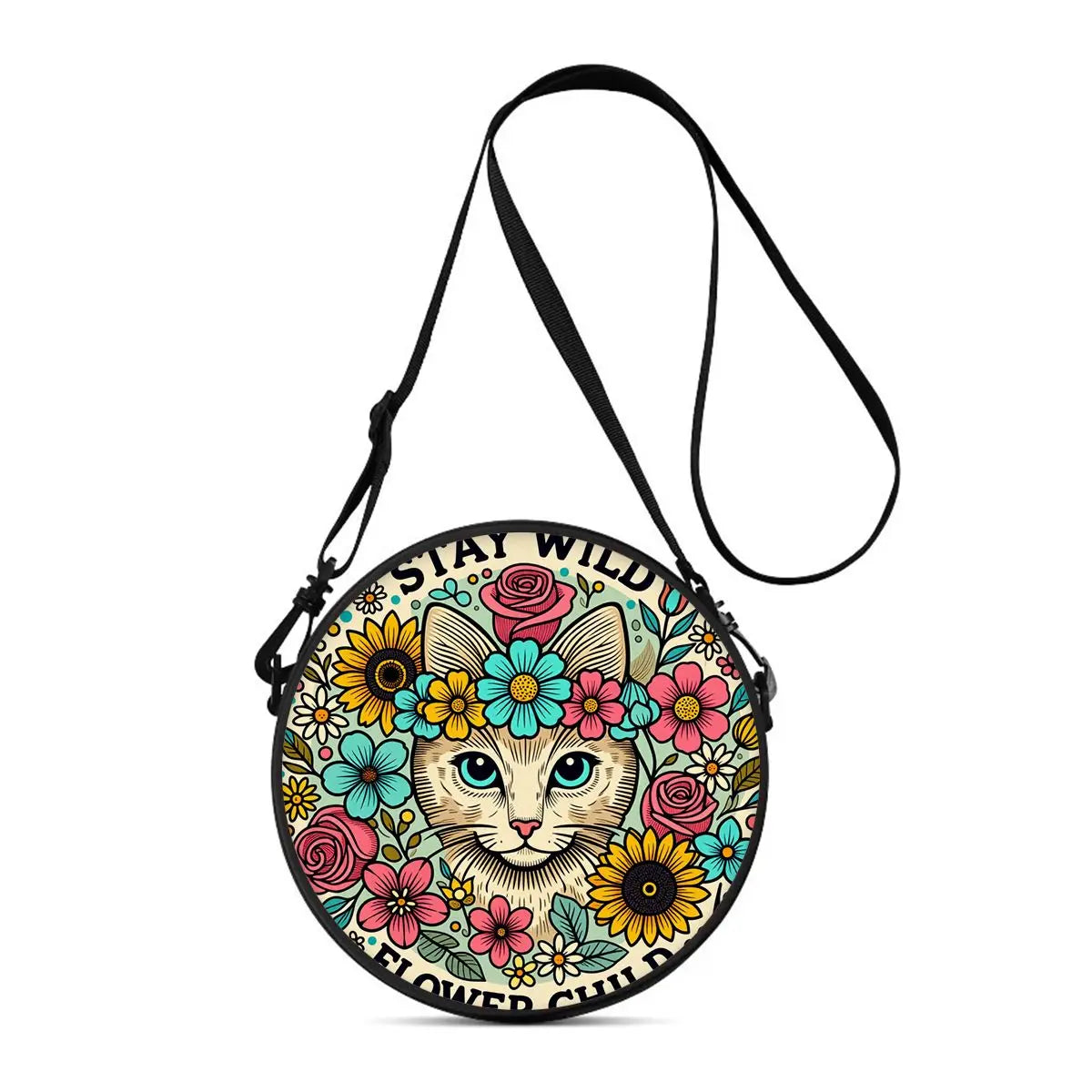 A round crossbody bag featuring a colorful floral design with a cat face and black strap.