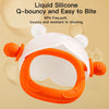 A white and orange liquid silicone Q-bouncy teether with a bunny design shown in a close-up view.