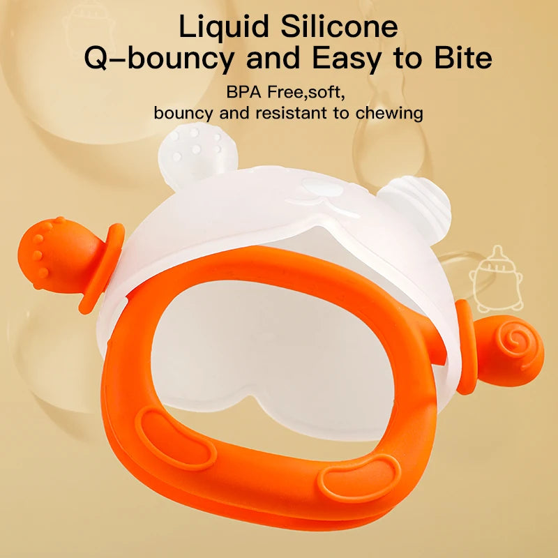 A white and orange liquid silicone Q-bouncy teether with a bunny design shown in a close-up view.