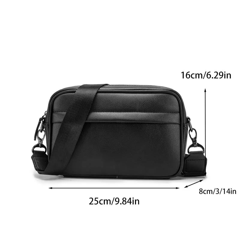 Black men's PU leather crossbody messenger bag shown from the top view with dimensions 16cm x 25cm.
