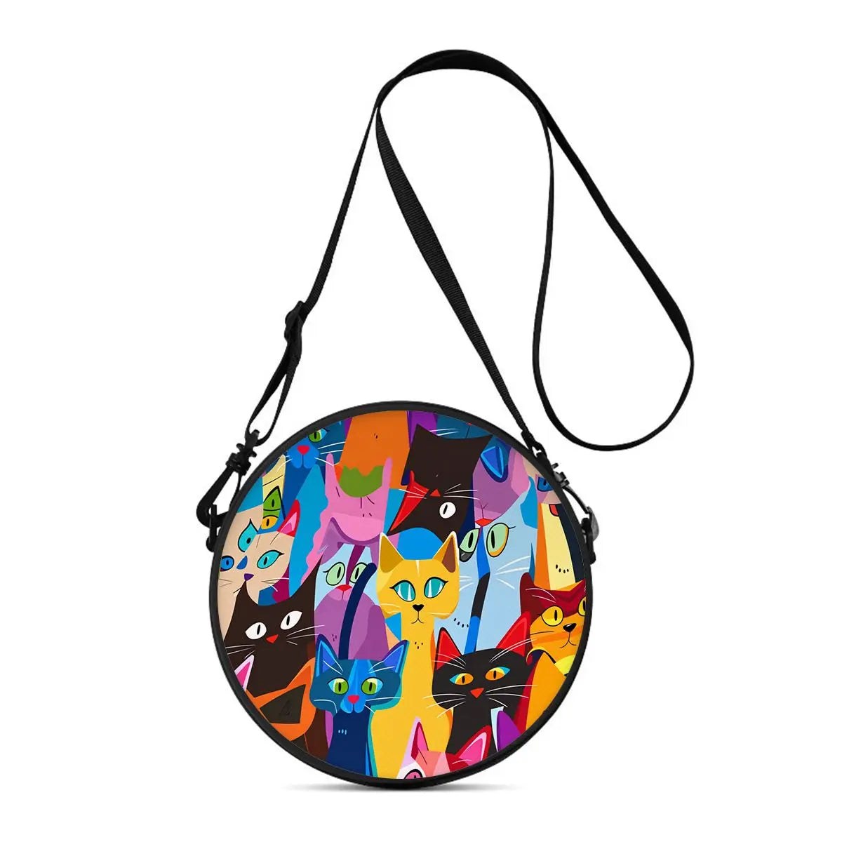 A round cartoon cat crossbody bag featuring colorful cats in various poses.