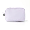 A lavender striped seersucker cosmetic bag with a zipper closure.