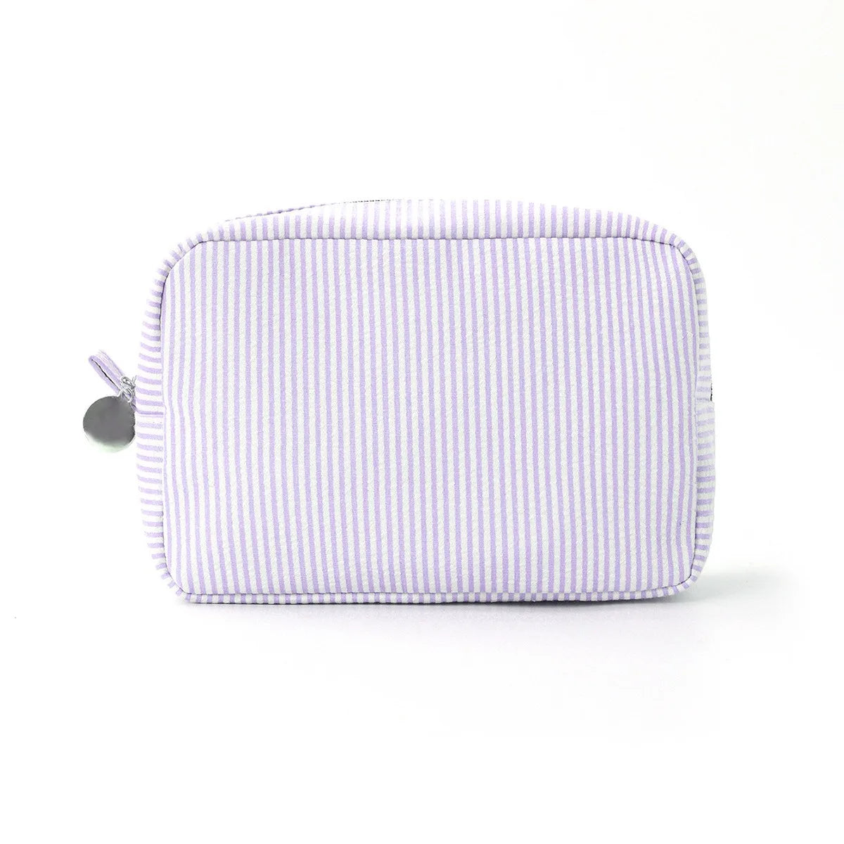 A lavender striped seersucker cosmetic bag with a zipper closure.