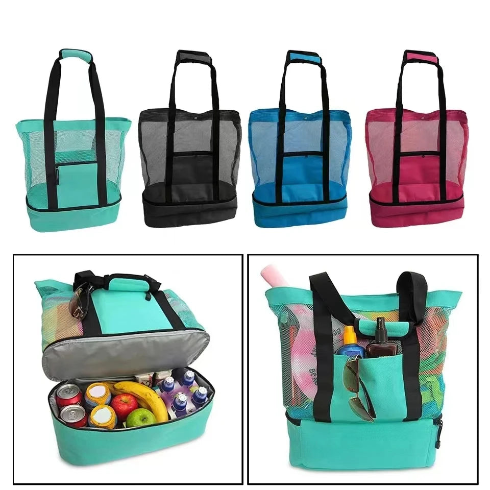 Ein Set von fünf farbenfrohen Netztaschen in verschiedenen Blautönen, Grüntönen und Rosa, einschließlich einer größeren isoli