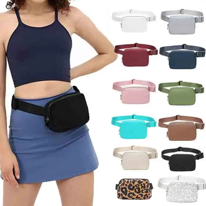 A collection of various colored and style waist bags and fanny packs for women displayed on a model.