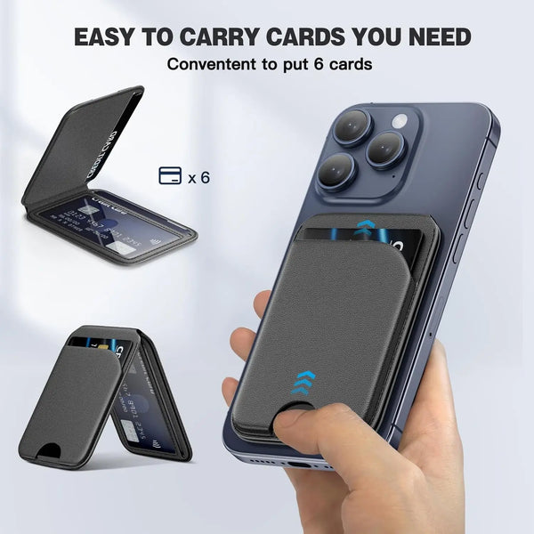 A hand holds a dark gray MagSafe magnetic card holder wallet for an iPhone, showing six cards inside.