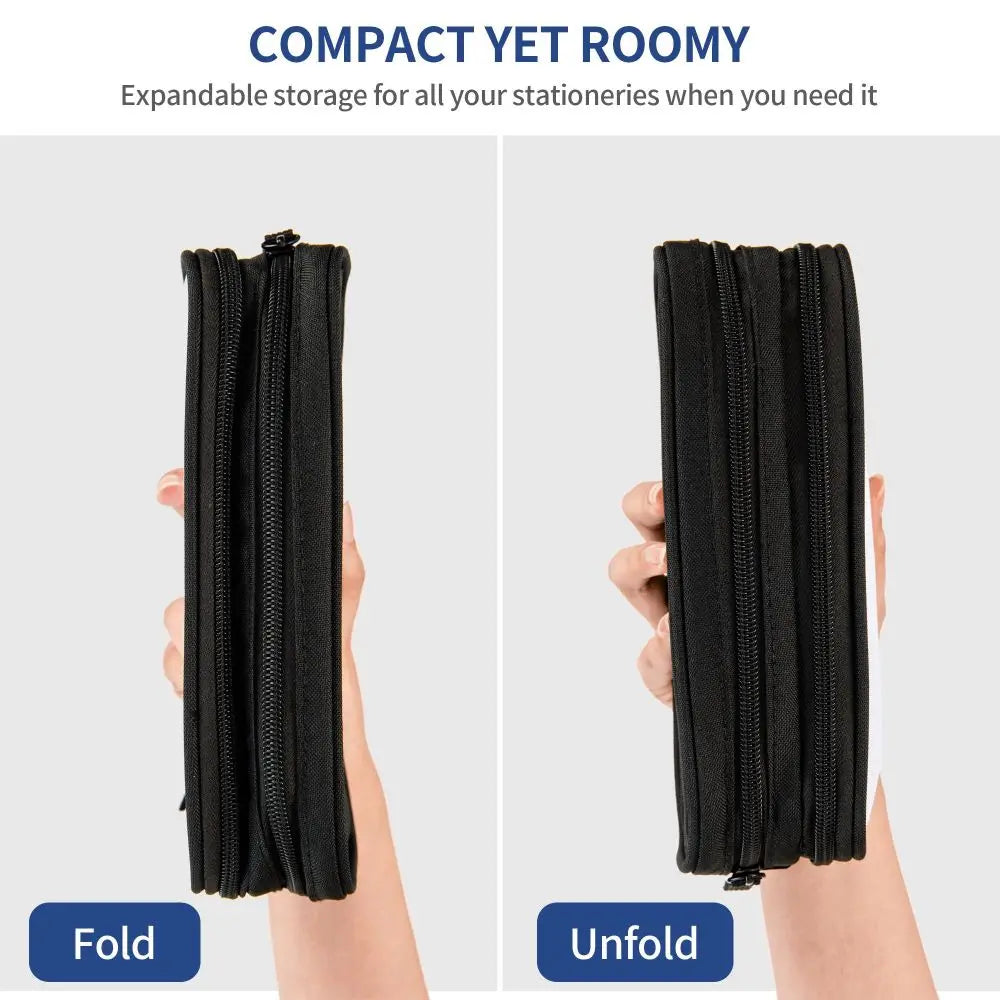 Black expandable stationery pencil case shown folded and unfolded