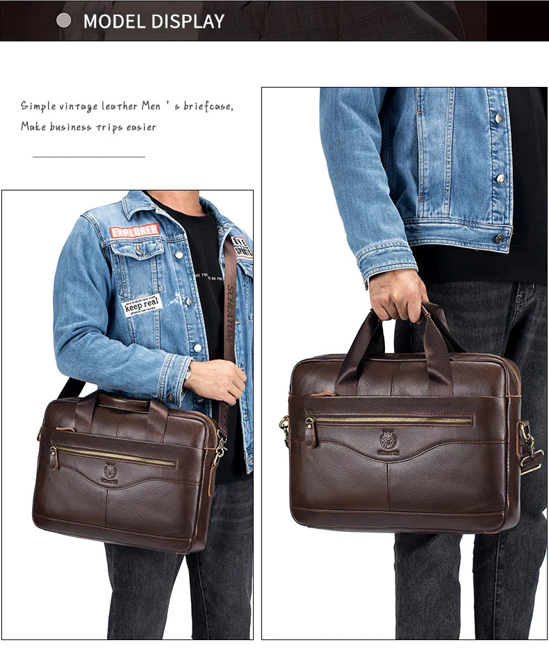 A brown full-grain leather executive laptop briefcase being held by a person.