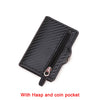 Black slim wallet with a textured carbon fiber design featuring a zipper and a hasp and coin pocket