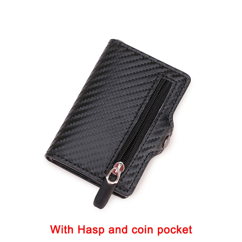 Black slim wallet with a textured carbon fiber design featuring a zipper and a hasp and coin pocket