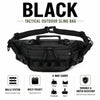 Black tactical outdoor sling bag featuring a molle system, multi pocket, and 4-way carry options.
