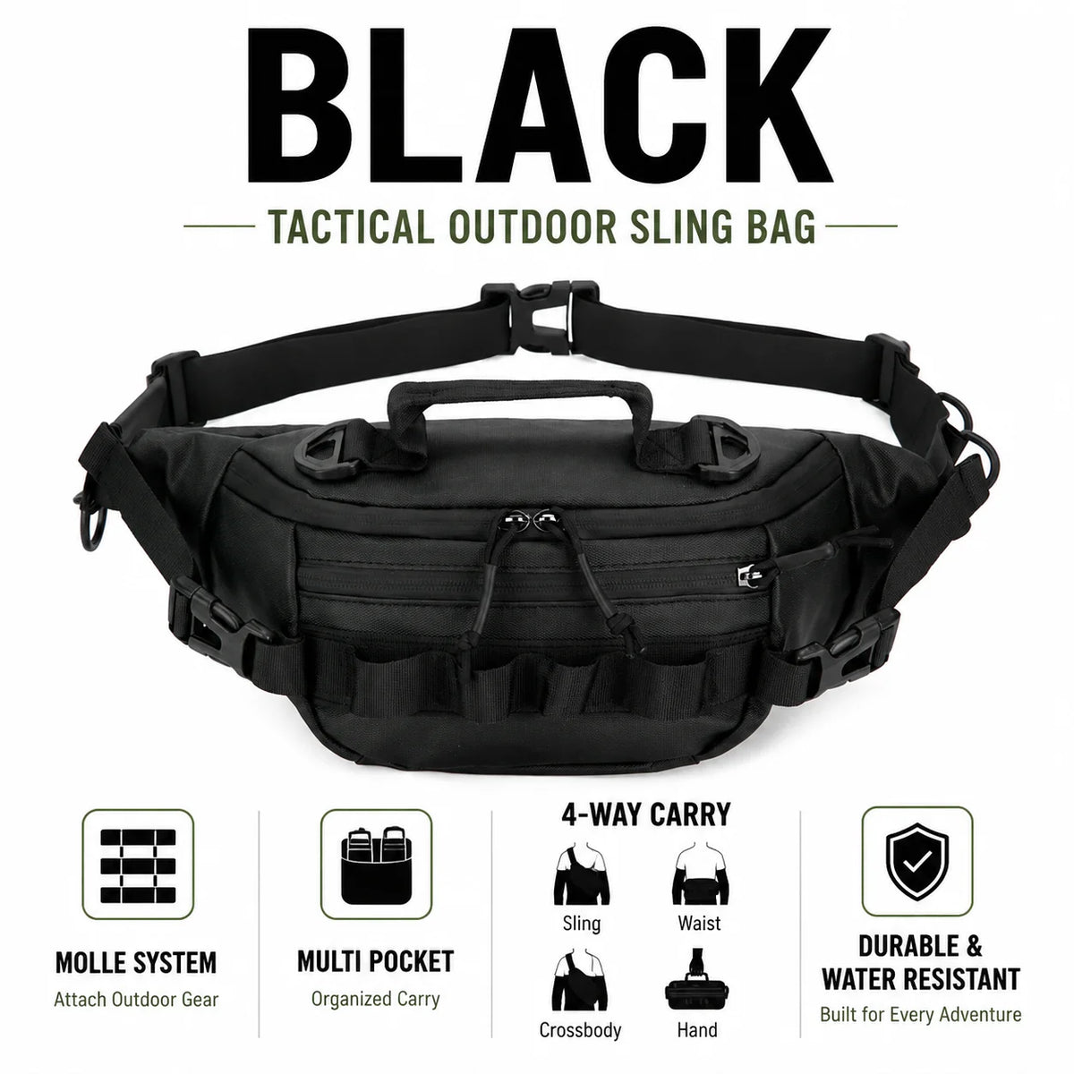 Black tactical outdoor sling bag featuring a molle system, multi pocket, and 4-way carry options.