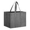 A gray reusable foldable grocery tote bag with black handles.