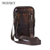A dark brown vintage cowhide leather crossbody bag with a flap and adjustable strap.