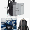 A black laptop backpack shown next to a laptop and demonstrating its fit under a seat.