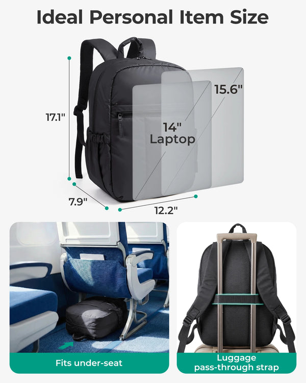 A black laptop backpack shown next to a laptop and demonstrating its fit under a seat.