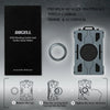 A black metal card holder is shown with instructions for removing the cap, placing an AirTag into the hole, and tightening th