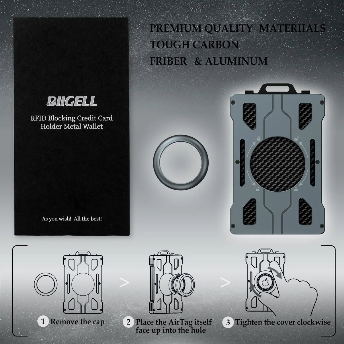 A black metal card holder is shown with instructions for removing the cap, placing an AirTag into the hole, and tightening th