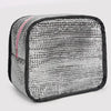 A silver and black multi-compartment casual backpack with a textured surface.
