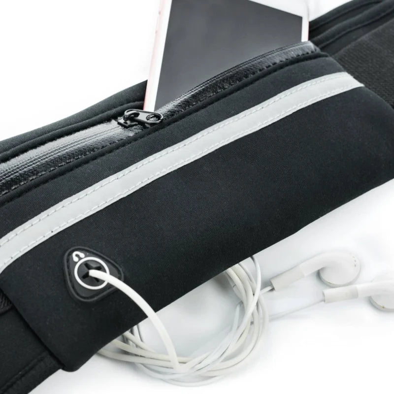 Black waterproof running waist pack with a zippered phone pocket and white cord.