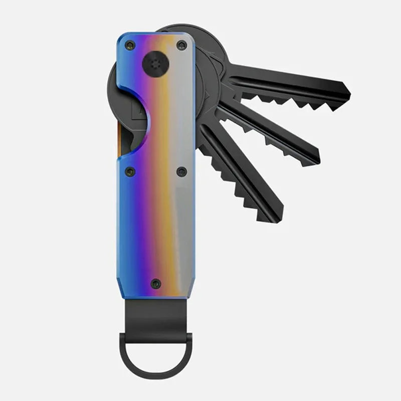 Porte-clés organisateur minimaliste en métal avec poignée dégradé argent et violet et clés noires.