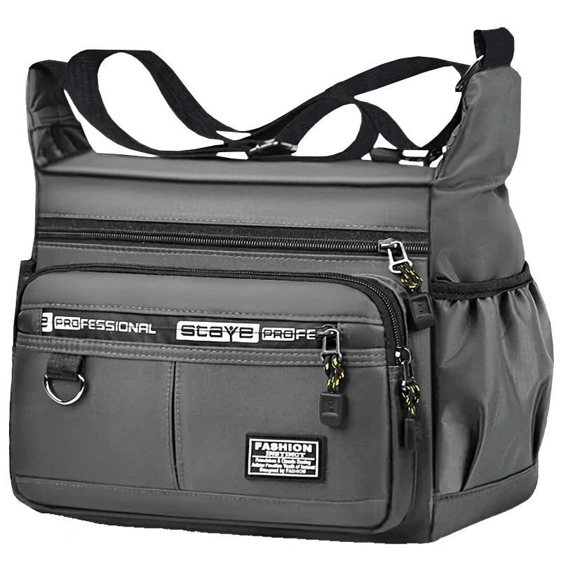 A gray men's business crossbody bag with multiple zippered compartments and adjustable straps.