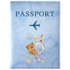 Light blue passport card holder with a vintage letter print design featuring an airplane and the letter D