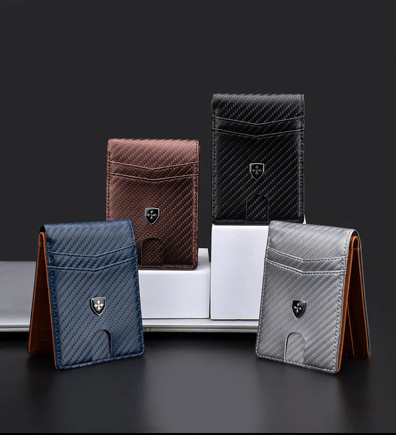 Three slim leather wallets in brown, black, and gray displayed on a dark surface.