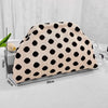 A beige polka dot clutch bag is displayed on a white surface with size measurements.