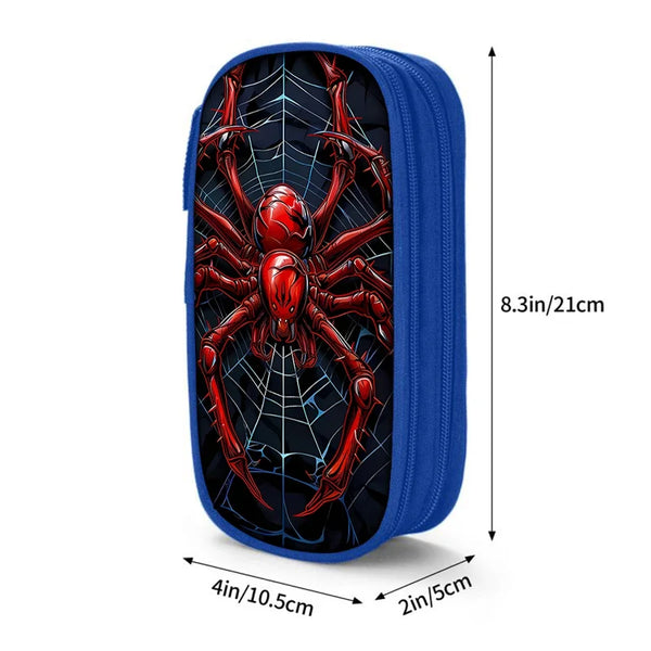 A blue pencil case featuring a red spider web design on the exterior.