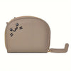 A light beige faux leather multi-card wallet with a cartoon cat face design and a gold-toned strap.