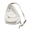 A light beige canvas crossbody shoulder bag with a zipper and flap pockets.