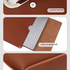 Close-up shots of a brown leather laptop briefcase showing quality snap fastener, anti-scraping fluff, and fine workmanship.