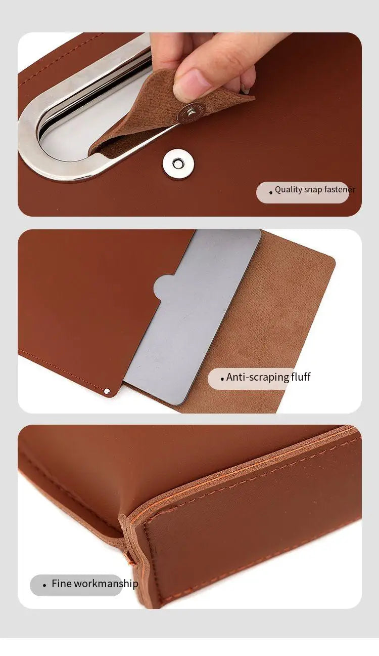 Close-up shots of a brown leather laptop briefcase showing quality snap fastener, anti-scraping fluff, and fine workmanship.