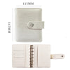 A white leather ring binder notebook with a crocodile texture shown in two views.
