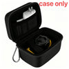 Black durable hard shell camera travel case with a silver camera inside