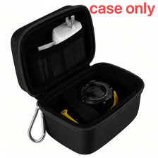 Black durable hard shell camera travel case with a silver camera inside