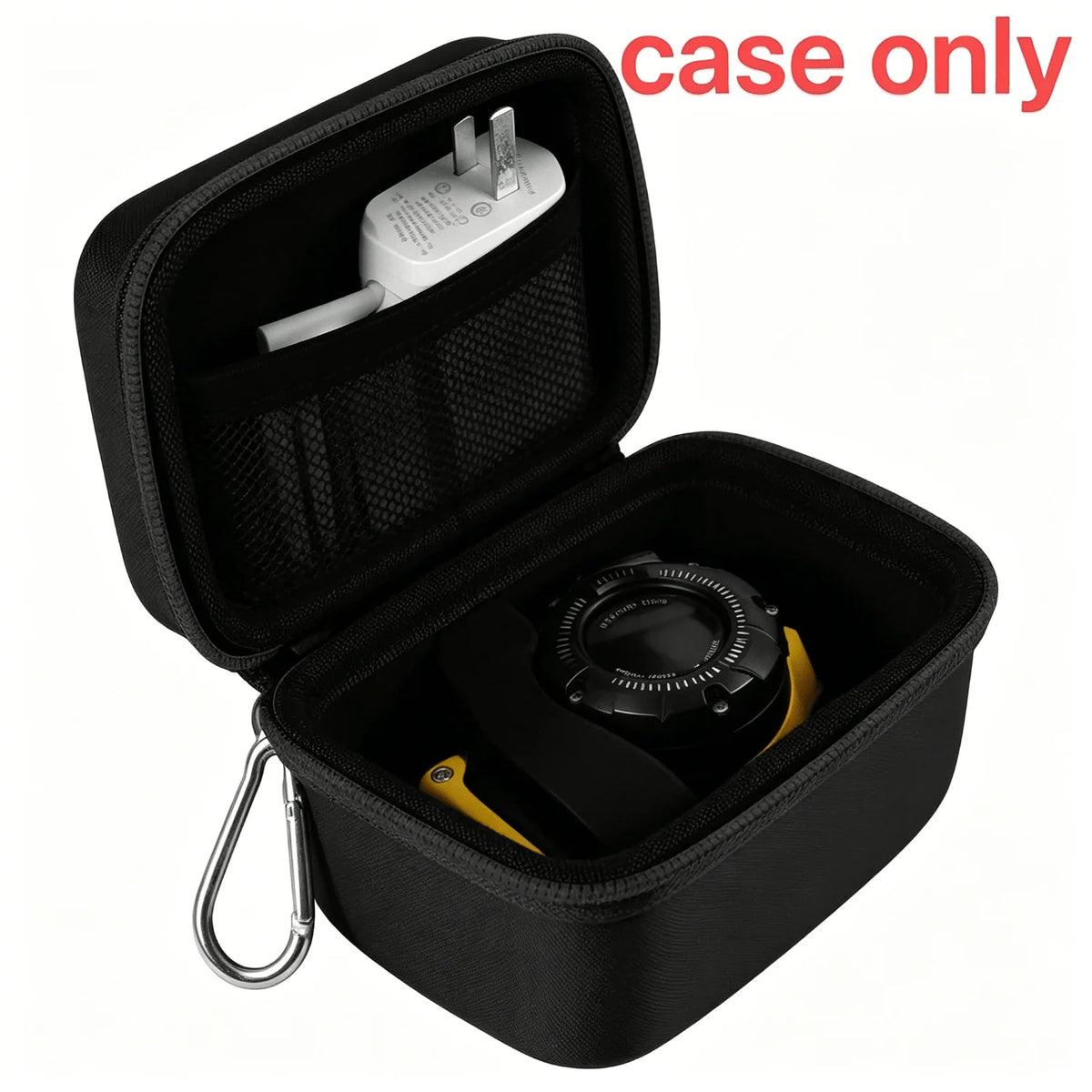 Black durable hard shell camera travel case with a silver camera inside