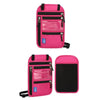A pink RFID-blocking travel neck wallet with a clear window and adjustable strap.
