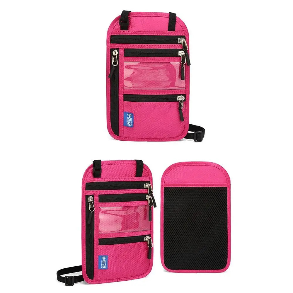 A pink RFID-blocking travel neck wallet with a clear window and adjustable strap.