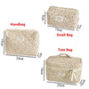 A set of floral print quilted bags including a handbag, small bag, and tote bag shown with size measurements.