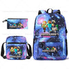 A blue and purple Minecraft themed backpack and matching pouch with character designs.