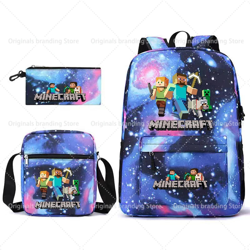 A blue and purple Minecraft themed backpack and matching pouch with character designs.