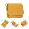 A tan genuine leather RFID blocking women's wallet shown in various angles.